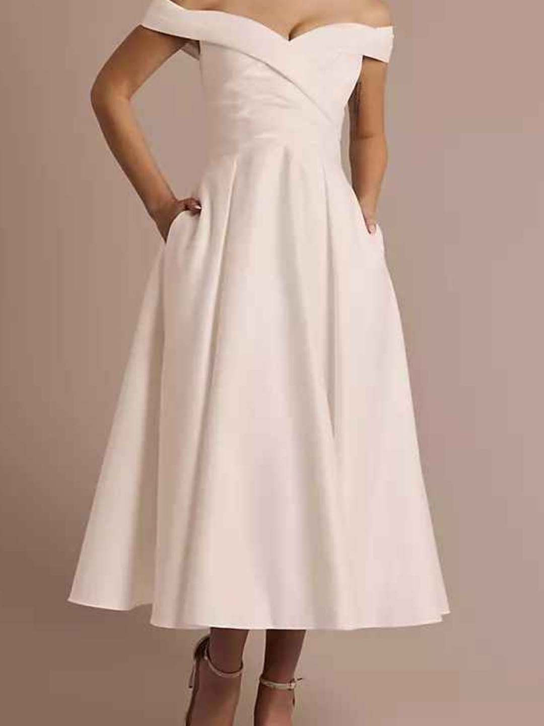 David's Bridal Off-The-Shoulder Tea-Length Dress In Ivory
